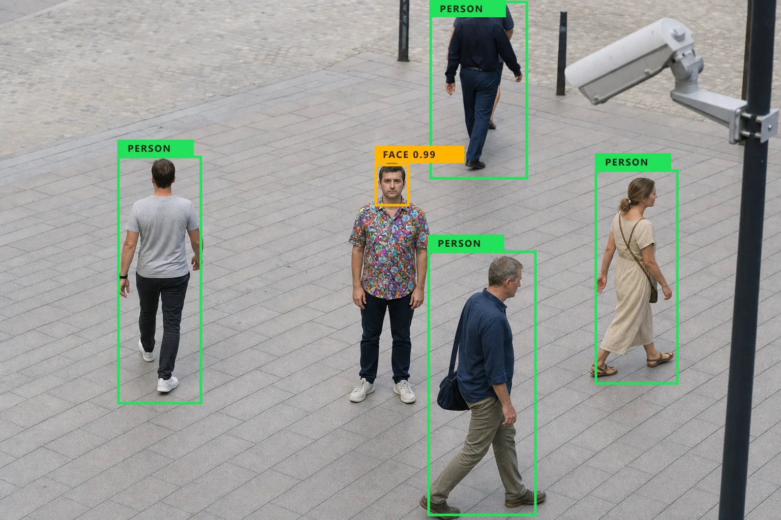 A staged street scene: pedestrians in plain clothing are marked with green person-detection boxes, while the man in a chaotic multicoloured shirt has no person box — but his face carries a detection box of its own