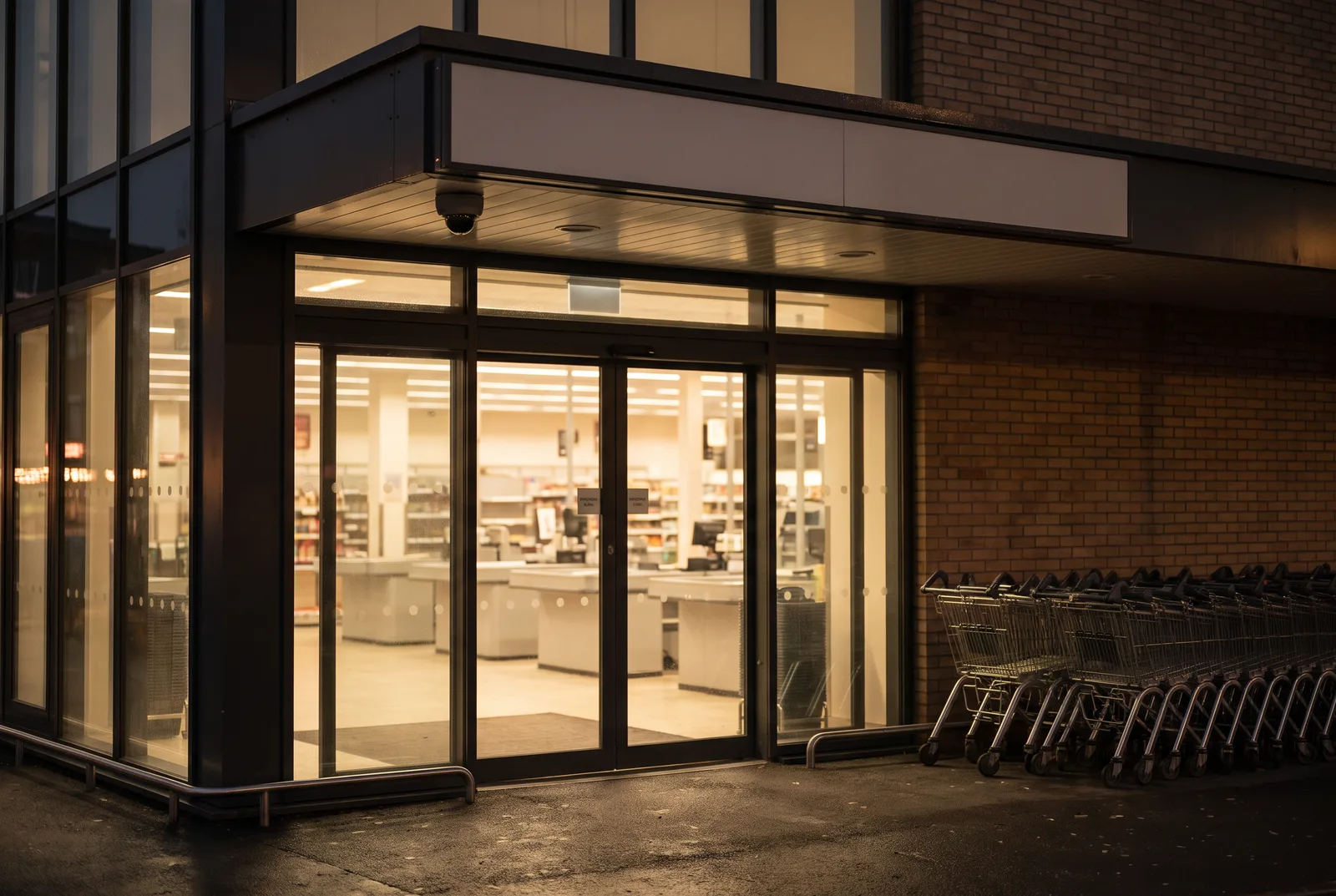 The glass entrance of a supermarket at night with a small dome camera above the automatic doors, shopping trolleys lined up outside.