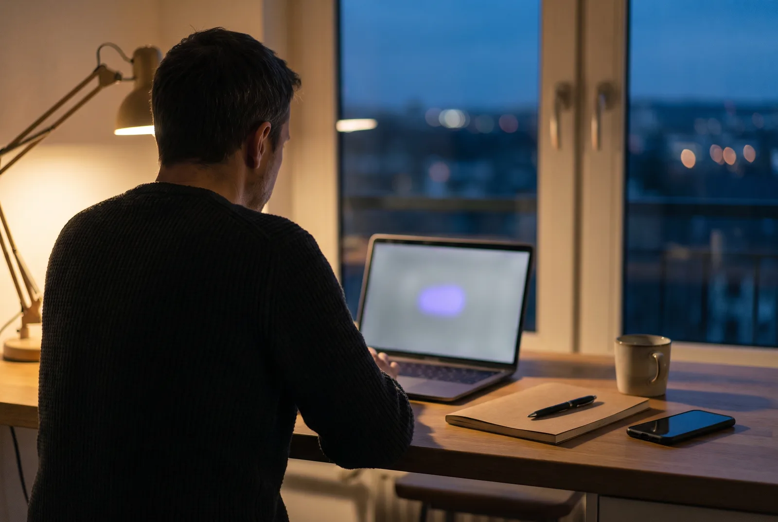 An adult seen from behind at a kitchen table in the evening, with an open laptop, a notebook and pen, a mug, and a phone lying face down.