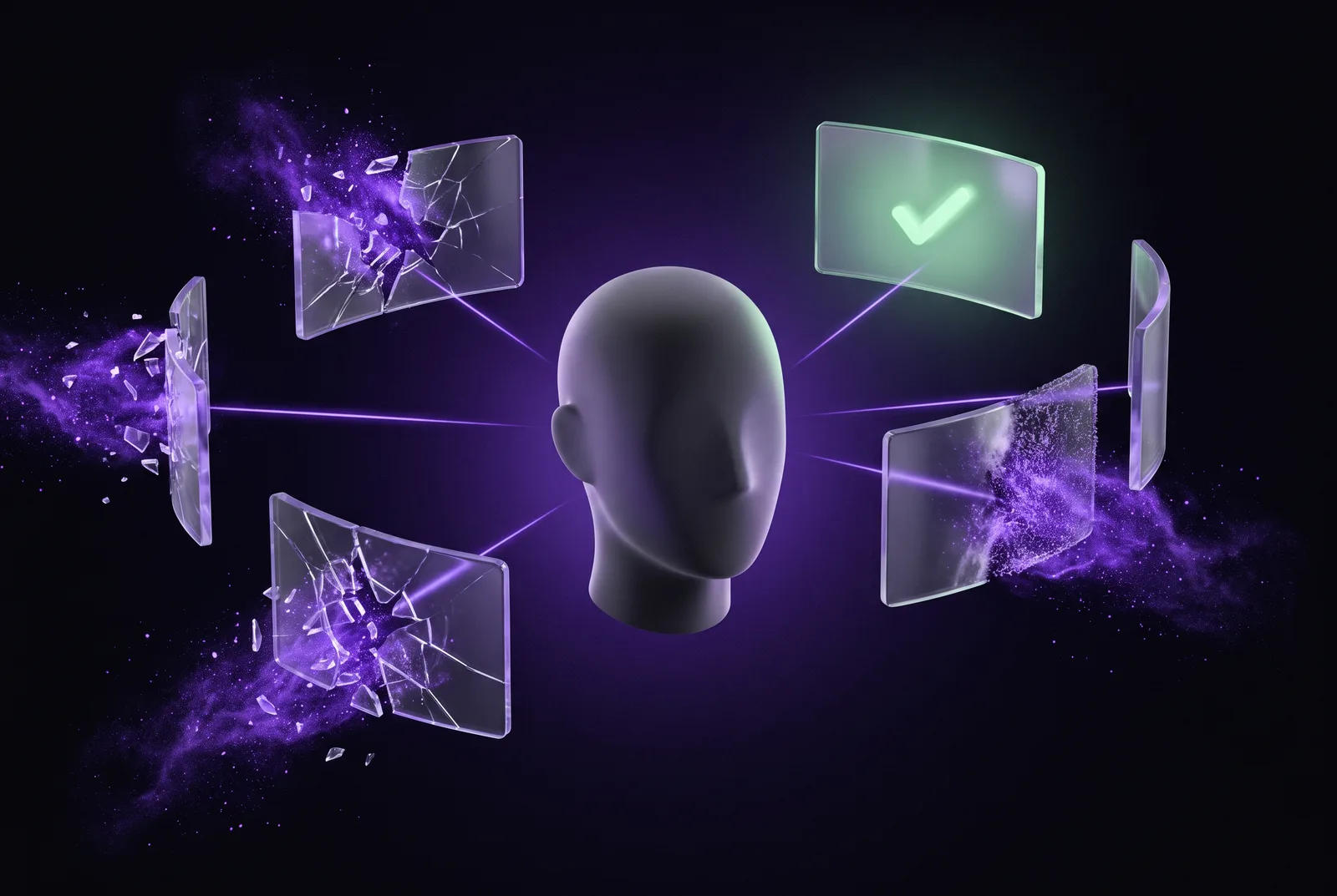 A 3D head silhouette ringed by five floating glass panels. Most are cracking and dissolving into purple dust (the busted myths); one intact panel glows green with a checkmark (the thing that's actually true).