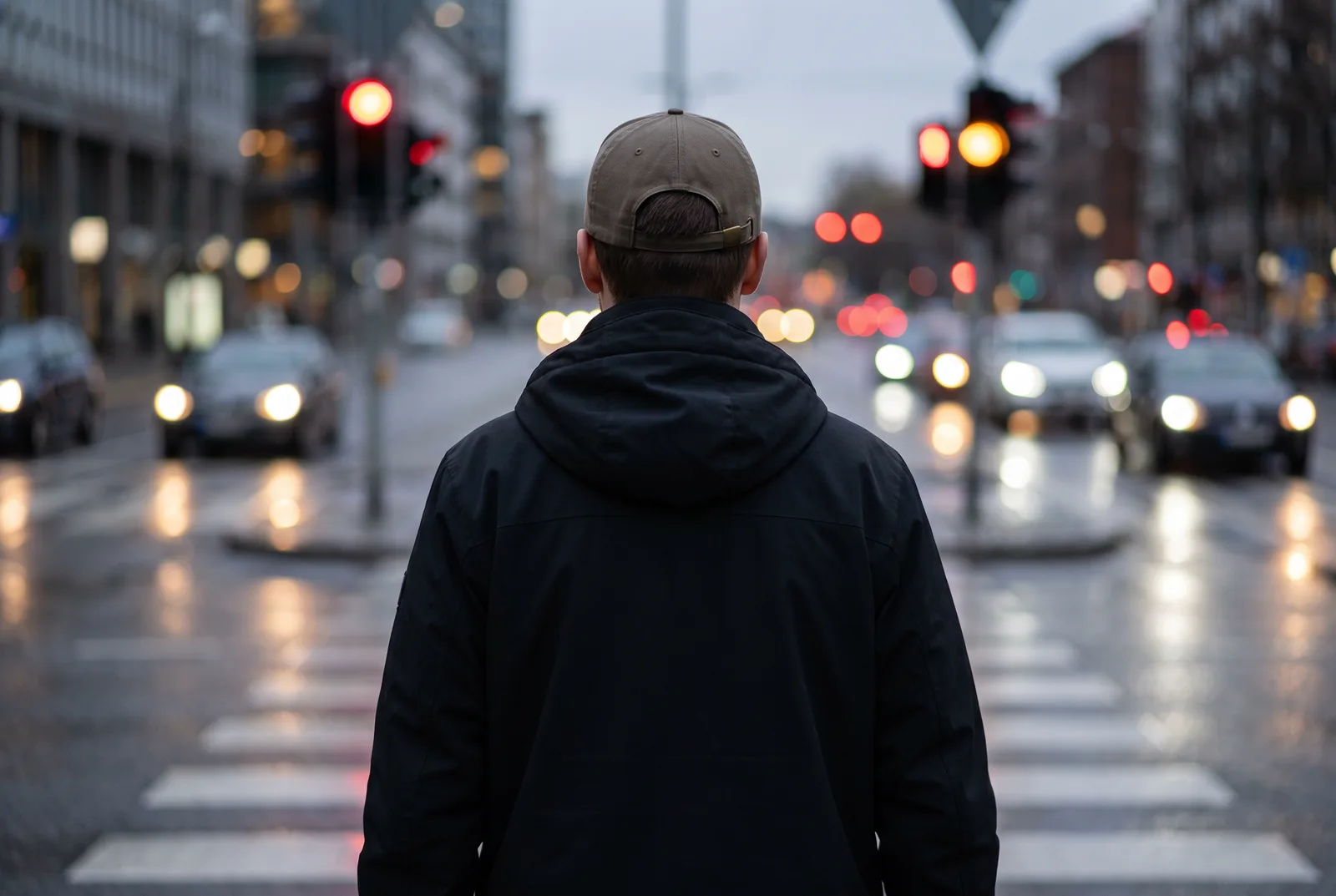 A person seen from behind in a hooded jacket and baseball cap waiting at a city crossing at dusk, with blurred traffic lights ahead.