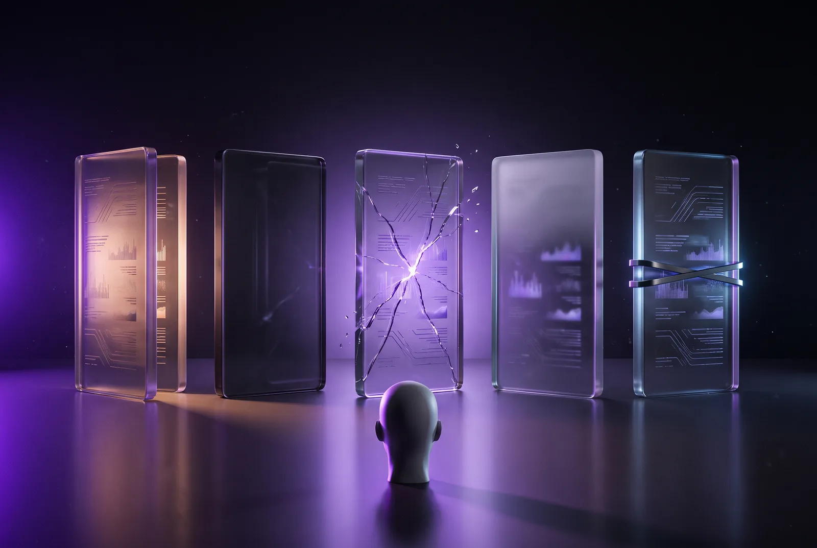 Five translucent glass tablets in a row, each different — one ajar and warmly lit, one sealed, one cracked, one frosted, one chained — observed by a small head silhouette.