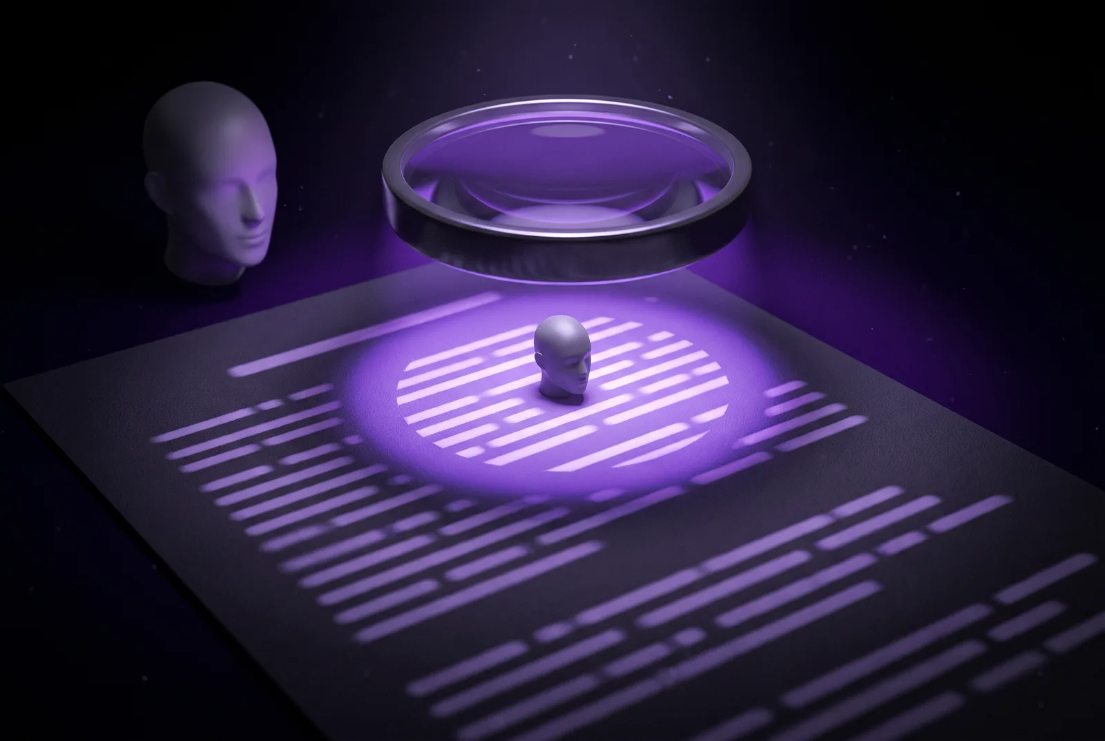 A giant magnifying lens hovering over an abstract legal document rendered as blurred lines, revealing a small human head silhouette hidden between the lines of text.