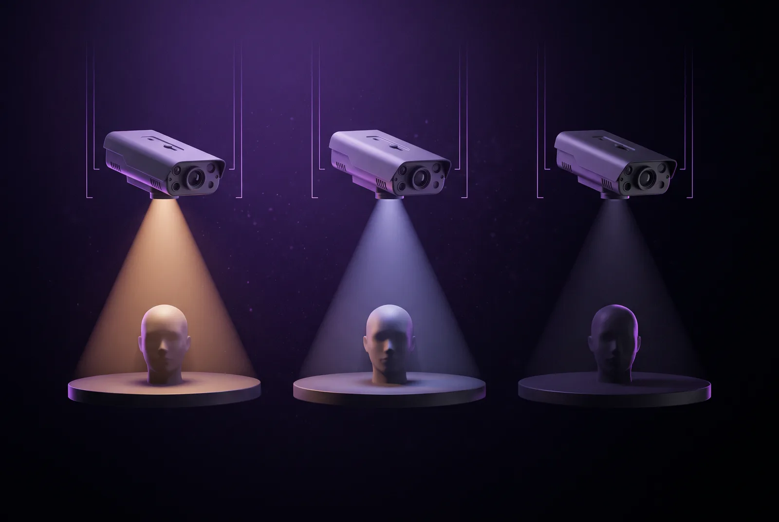 Illustration: three identical cameras side by side, each lighting a figure below it — the left cone bright and wide, the middle dimmer, the right narrow and almost dark