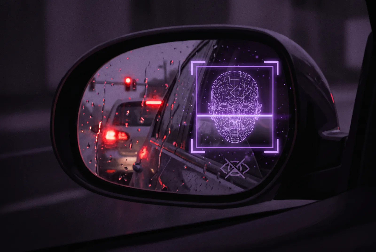 A rain-streaked night view in a car's rearview mirror of the vehicle following behind, its driver's face outlined by a violet facial-recognition detection box and scan line, red brake-light glow around it.