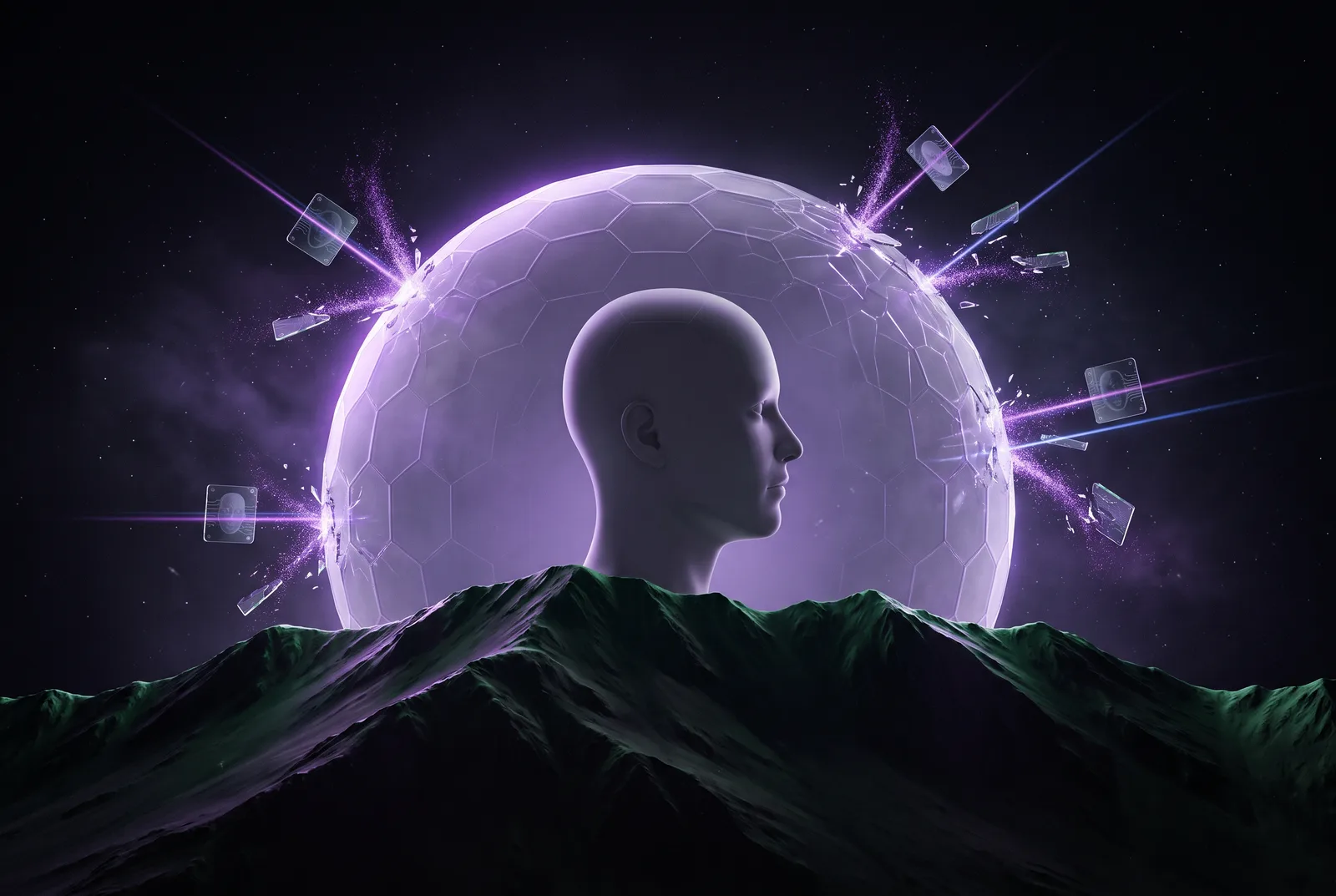 A grey head silhouette protected inside a translucent hexagonal dome above a dark mountain ridge, with scanning beams and face-tile cards deflecting off the dome.