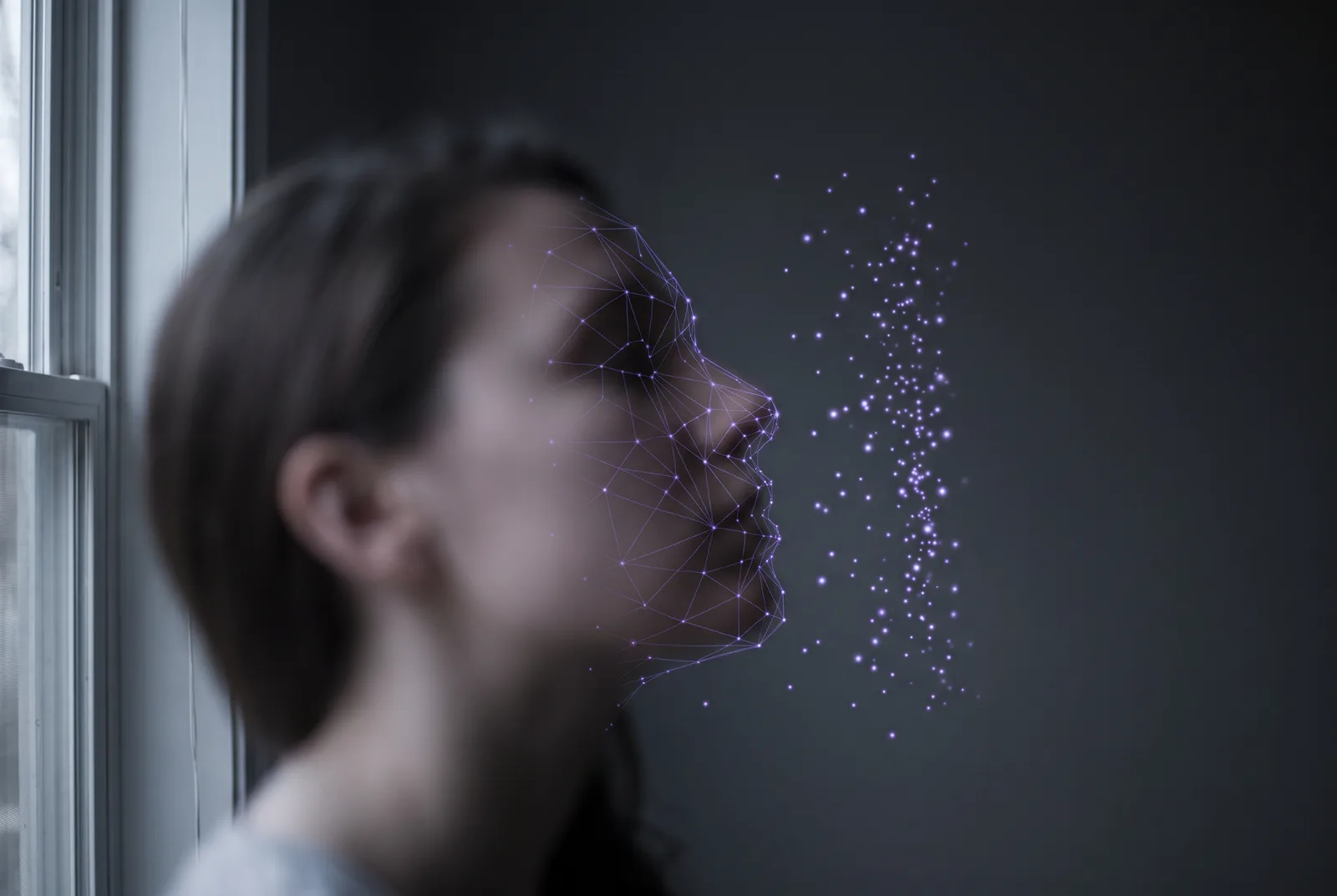 A person's head in soft profile with a lattice of small violet points and lines traced over the features. To the right the lattice dissolves into a column of glowing dots.