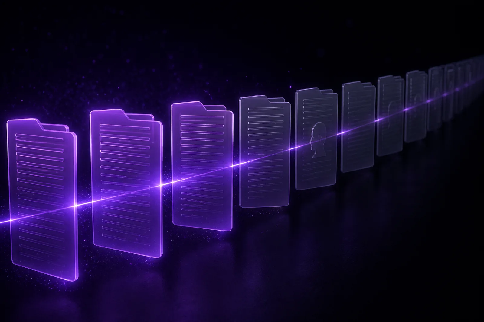 A long receding row of floating translucent record cards; the ones nearest the viewer glow a freshly-updated purple while several further back remain dim and grey, all still connected by one continuous light thread.