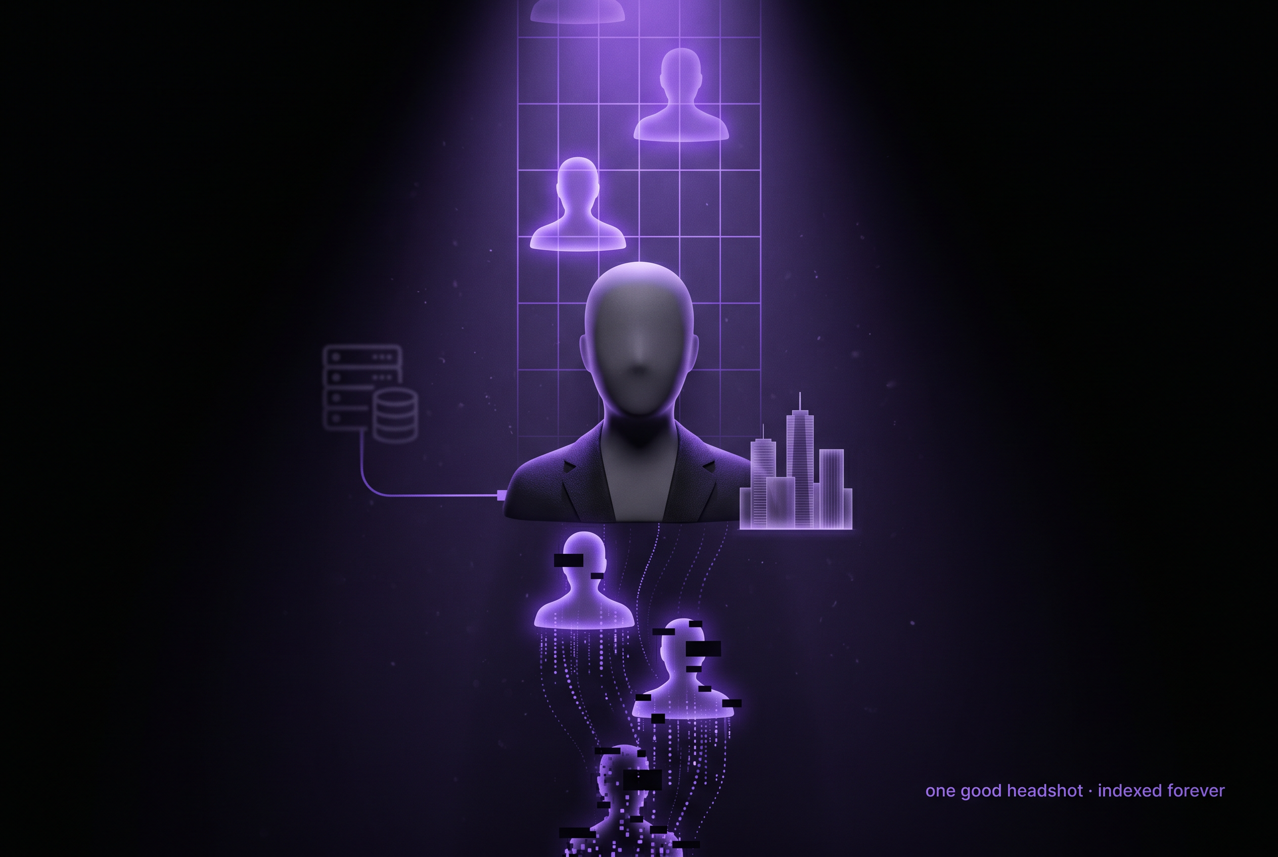 Editorial illustration: a generic head silhouette wearing the abstract suggestion of a blazer, sitting under a single purple spotlight, with ghost-copies of the same headshot raining downward into a void as data streams flow toward a distant database rack.
